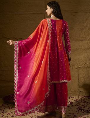 embroidered orange chinon round neck regular sleeve kurta palazzo sets 2