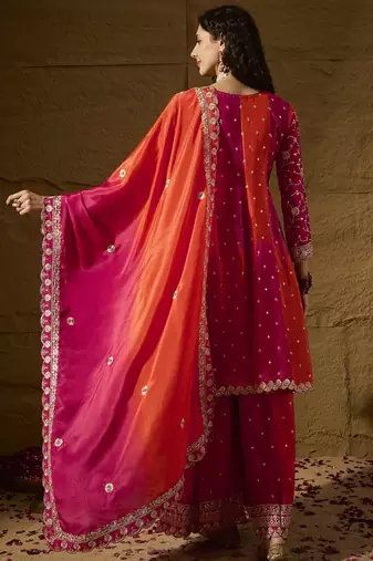 embroidered orange chinon round neck regular sleeve kurta palazzo sets