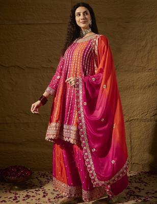  embroidered orange chinon round neck regular sleeve kurta palazzo sets 3
