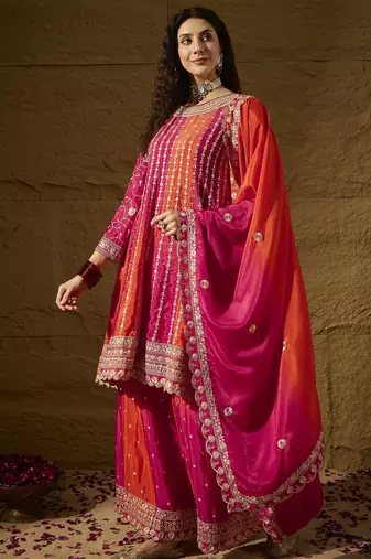  embroidered orange chinon round neck regular sleeve kurta palazzo sets