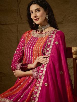  embroidered orange chinon round neck regular sleeve kurta palazzo sets 4