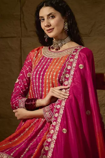  embroidered orange chinon round neck regular sleeve kurta palazzo sets