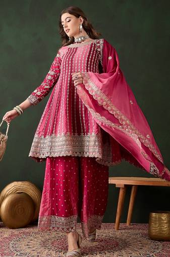 Saahmriga embroidered pink chinon round neck regular sleeve kurta palazzo sets