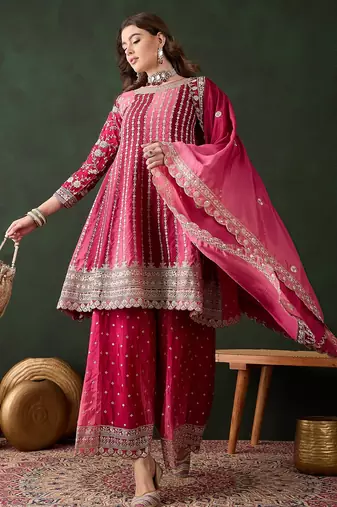 Saahmriga embroidered pink chinon round neck regular sleeve kurta palazzo sets