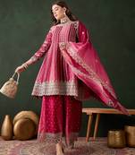 Saahmriga embroidered pink chinon round neck regular sleeve kurta palazzo sets