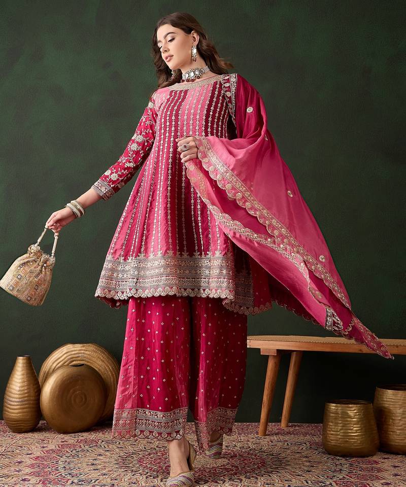 Saahmriga embroidered pink chinon round neck regular sleeve kurta palazzo sets