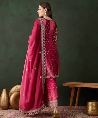  embroidered pink chinon round neck regular sleeve kurta palazzo sets 2