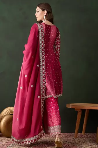  embroidered pink chinon round neck regular sleeve kurta palazzo sets