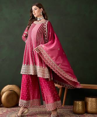  embroidered pink chinon round neck regular sleeve kurta palazzo sets 3