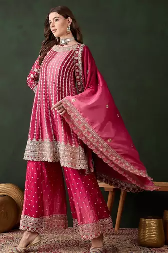  embroidered pink chinon round neck regular sleeve kurta palazzo sets