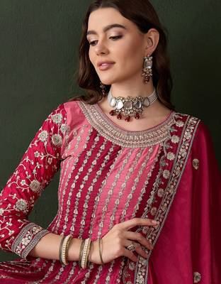  embroidered pink chinon round neck regular sleeve kurta palazzo sets 4