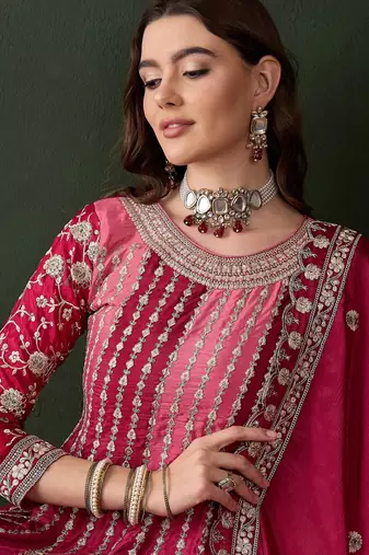  embroidered pink chinon round neck regular sleeve kurta palazzo sets