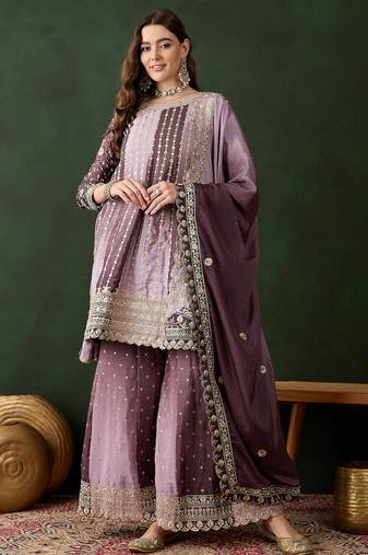 Saahmriga embroidered purple chinon round neck regular sleeve kurta palazzo sets