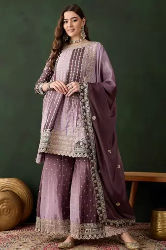 Saahmriga embroidered purple chinon round neck regular sleeve kurta palazzo sets