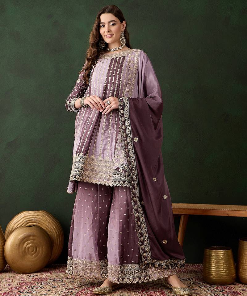 Saahmriga embroidered purple chinon round neck regular sleeve kurta palazzo sets