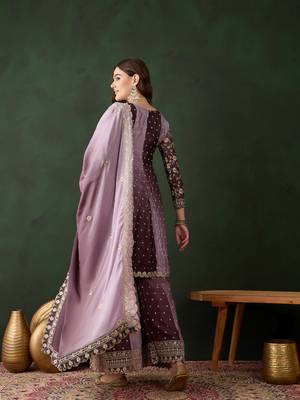  embroidered purple chinon round neck regular sleeve kurta palazzo sets 2