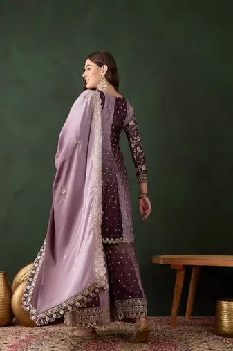  embroidered purple chinon round neck regular sleeve kurta palazzo sets