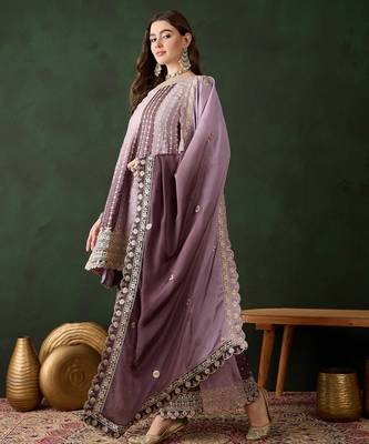  embroidered purple chinon round neck regular sleeve kurta palazzo sets 3