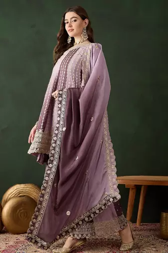  embroidered purple chinon round neck regular sleeve kurta palazzo sets