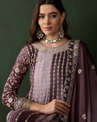  embroidered purple chinon round neck regular sleeve kurta palazzo sets 4