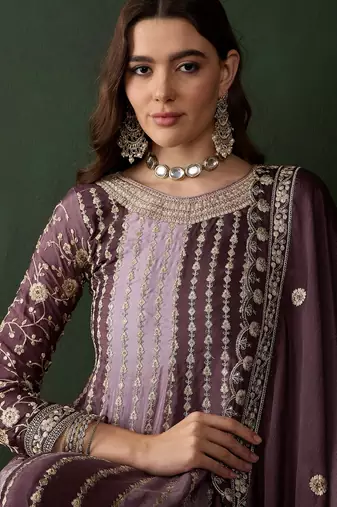  embroidered purple chinon round neck regular sleeve kurta palazzo sets