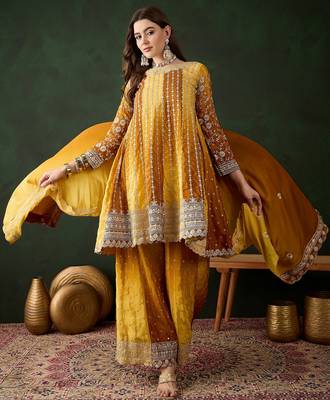  embroidered yellow chinon round neck regular sleeve kurta palazzo sets 1