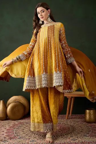 Saahmriga embroidered yellow chinon round neck regular sleeve kurta palazzo sets
