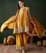 Saahmriga embroidered yellow chinon round neck regular sleeve kurta palazzo sets