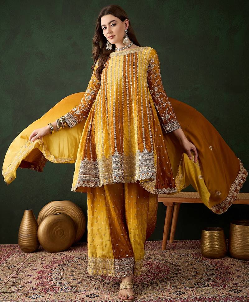 Saahmriga embroidered yellow chinon round neck regular sleeve kurta palazzo sets