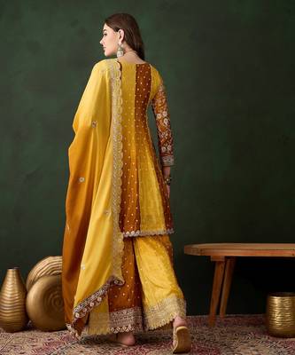  embroidered yellow chinon round neck regular sleeve kurta palazzo sets 2