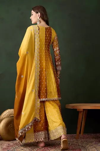  embroidered yellow chinon round neck regular sleeve kurta palazzo sets