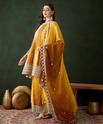  embroidered yellow chinon round neck regular sleeve kurta palazzo sets 3