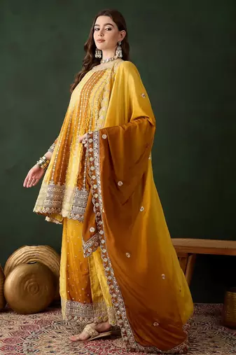  embroidered yellow chinon round neck regular sleeve kurta palazzo sets