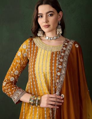  embroidered yellow chinon round neck regular sleeve kurta palazzo sets 4