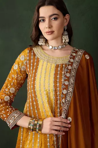  embroidered yellow chinon round neck regular sleeve kurta palazzo sets