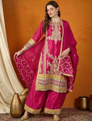 embroidered dark pink chinon round neck flared sleeve kurta palazzo sets 1