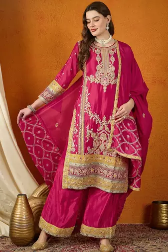 Saahmriga embroidered dark pink chinon round neck flared sleeve kurta palazzo sets