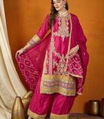 Saahmriga embroidered dark pink chinon round neck flared sleeve kurta palazzo sets