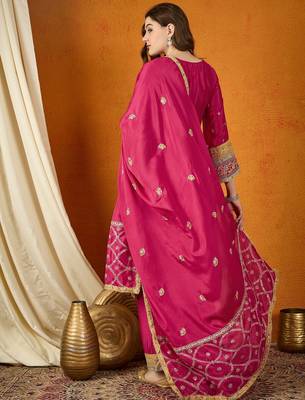  embroidered dark pink chinon round neck flared sleeve kurta palazzo sets 2