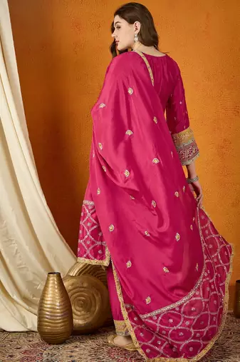  embroidered dark pink chinon round neck flared sleeve kurta palazzo sets