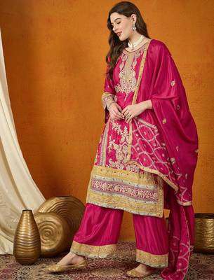  embroidered dark pink chinon round neck flared sleeve kurta palazzo sets 3