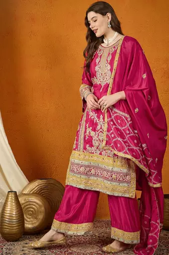 embroidered dark pink chinon round neck flared sleeve kurta palazzo sets
