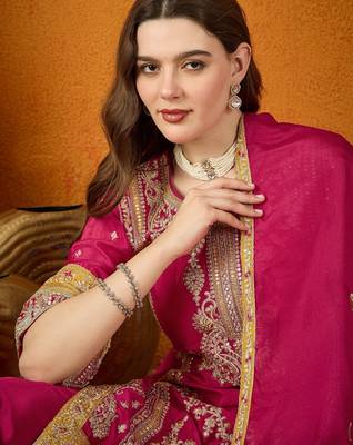  embroidered dark pink chinon round neck flared sleeve kurta palazzo sets 4