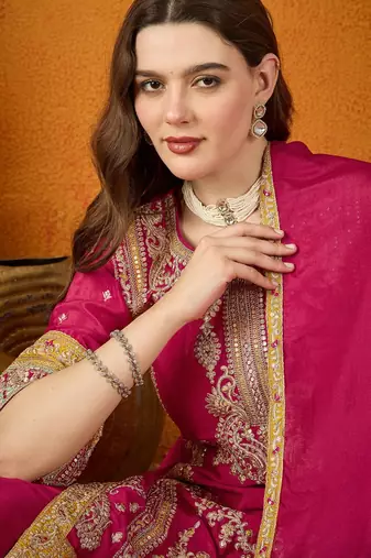  embroidered dark pink chinon round neck flared sleeve kurta palazzo sets