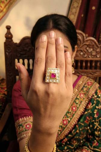 High gold square kundan finger ring for women  adjustable designer women and girls