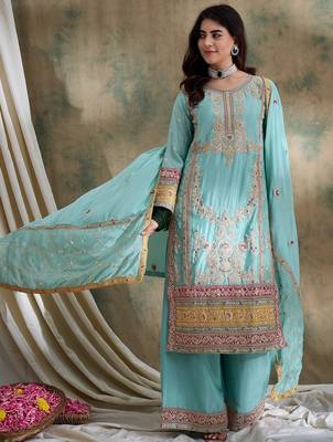  embroidered firozi chinon round neck flared sleeve kurta palazzo sets 1