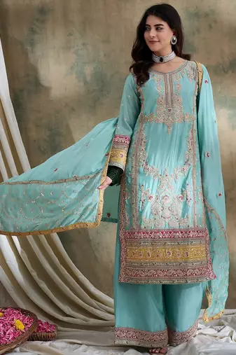 Saahmriga embroidered firozi chinon round neck flared sleeve kurta palazzo sets