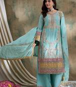 Saahmriga embroidered firozi chinon round neck flared sleeve kurta palazzo sets