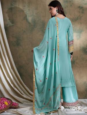  embroidered firozi chinon round neck flared sleeve kurta palazzo sets 2