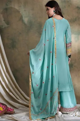  embroidered firozi chinon round neck flared sleeve kurta palazzo sets